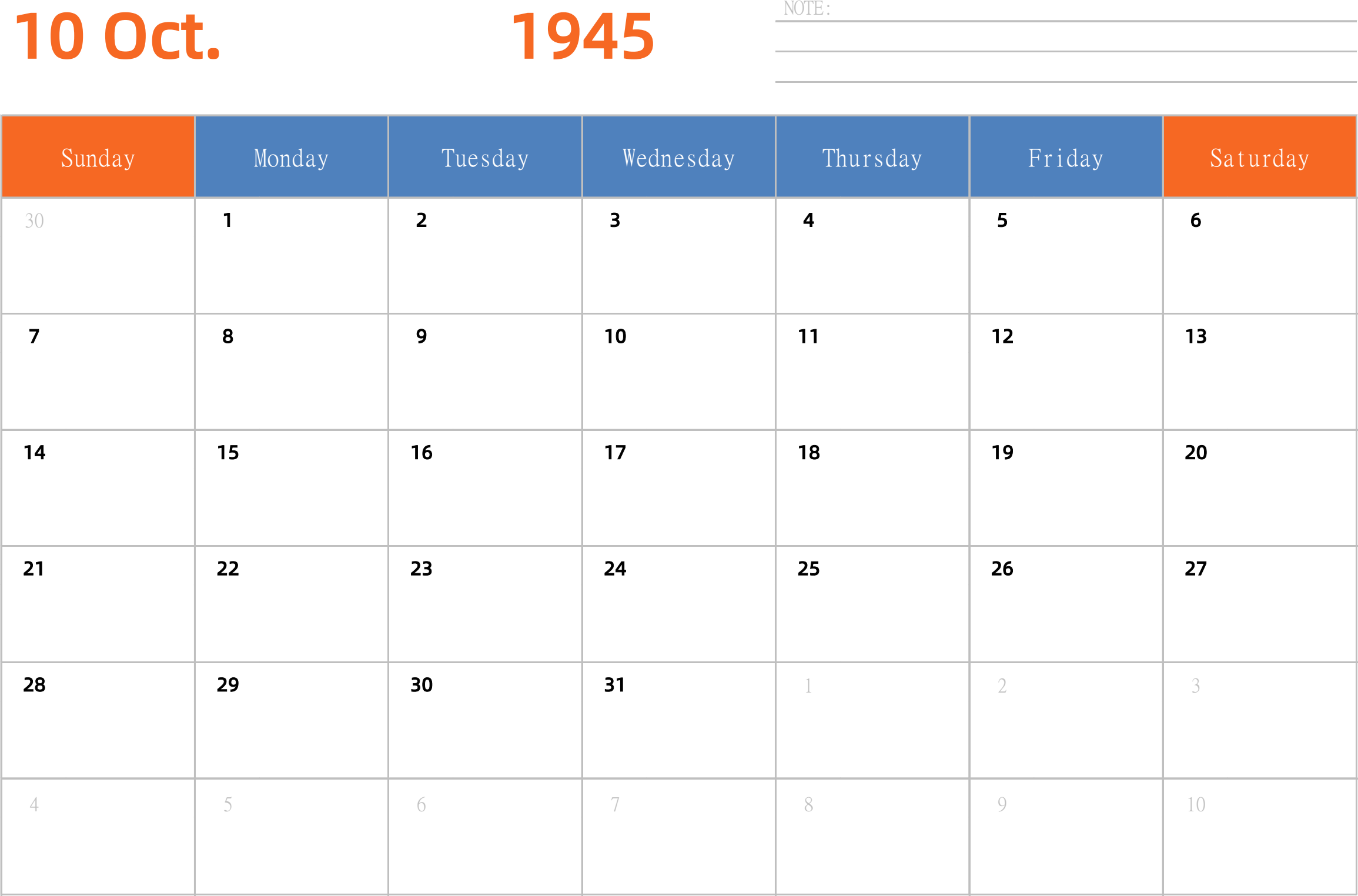 日历表1945年日历 英文版 横向排版 周日开始